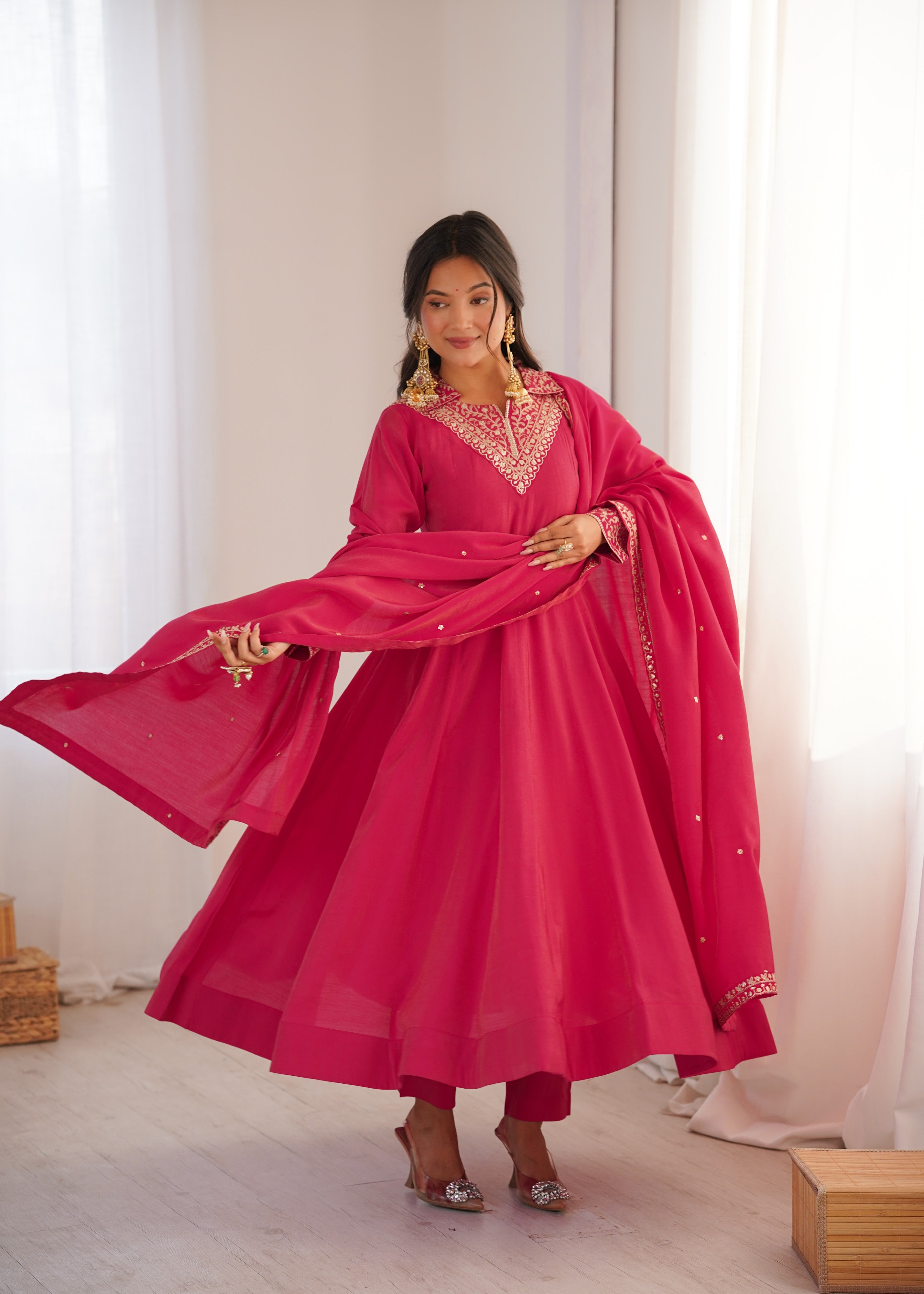 Roman Shimmer Silk Embroidered Anarkali Set – Rani Pink