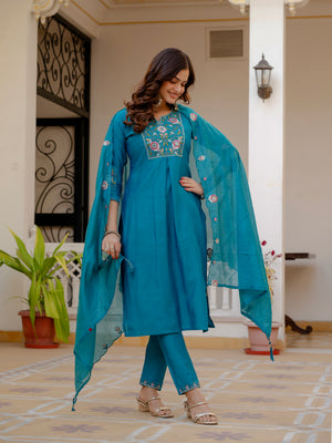 Pure Viscose Mango Silk Embroidered Straight Kurti Set – Firozi