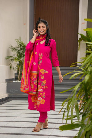 French Crepe Printed Kurta Pant Dupatta Set – Rani Pink
