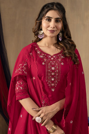 Roman Silk Embroidered Straight Kurti Set – Rani Pink