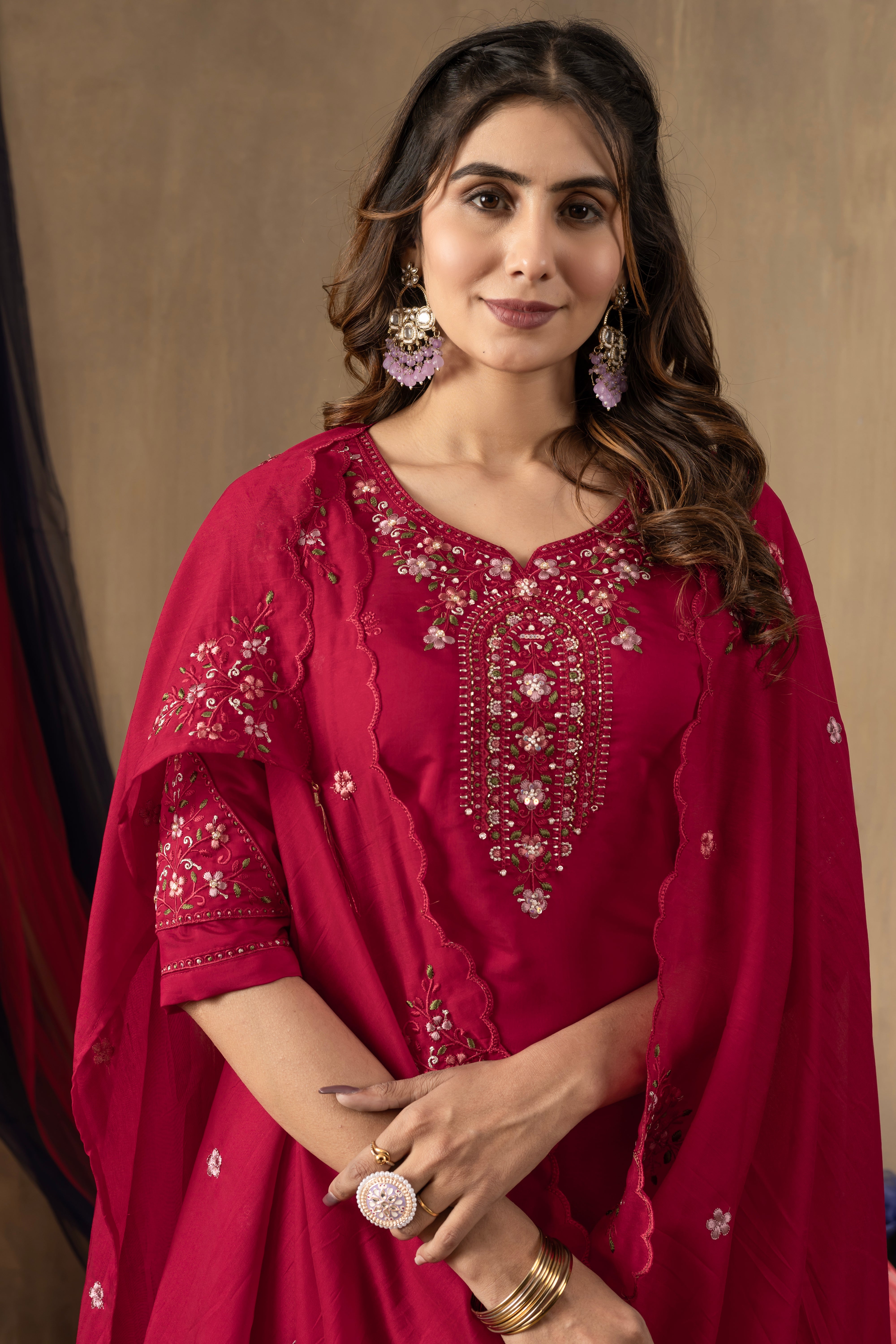 Roman Silk Embroidered Straight Kurti Set – Rani Pink