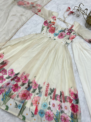 Organza Silk Printed Anarkali Set – Cream