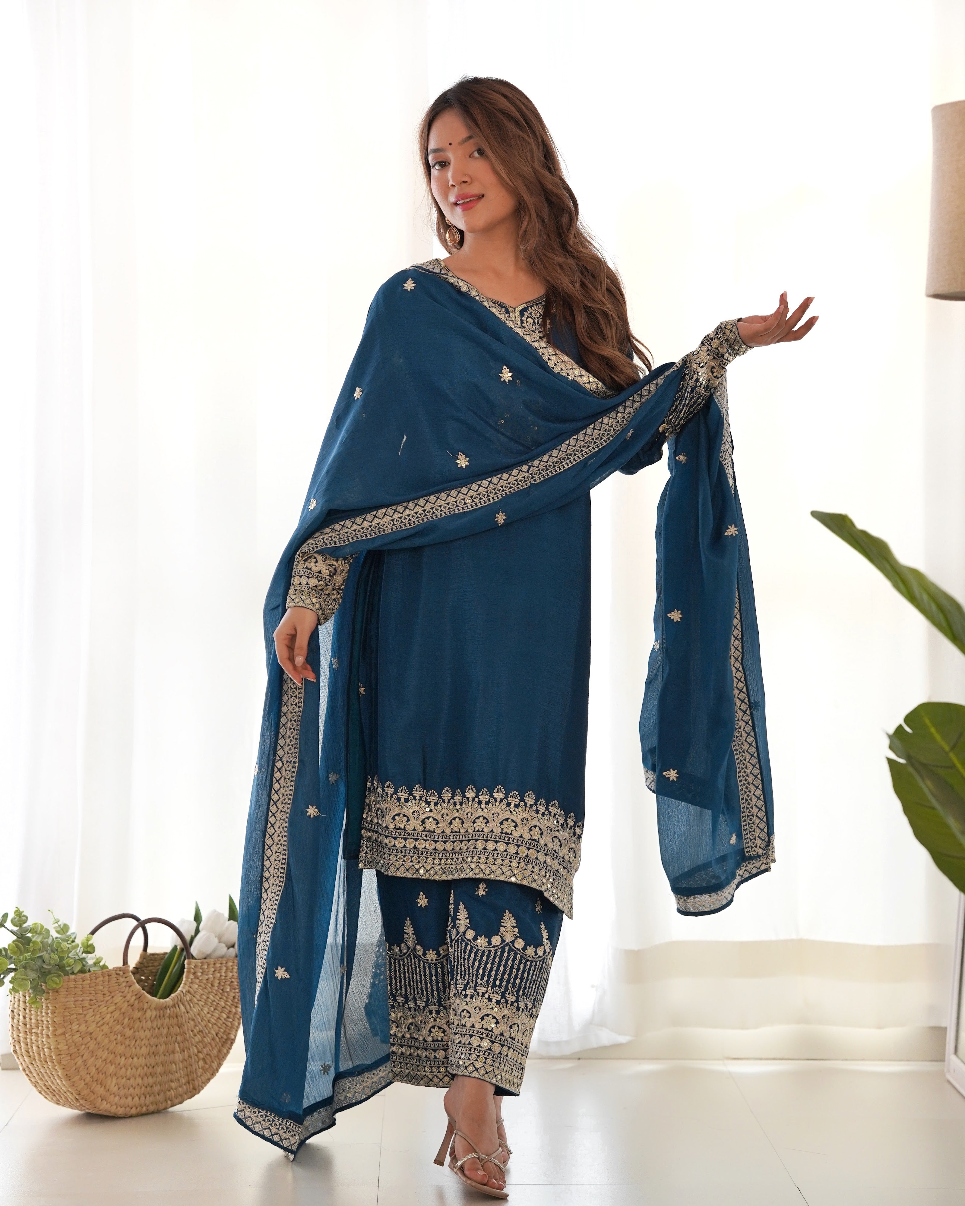 Chinon Silk Embroidered Straight Kurta Set – Navy Blue