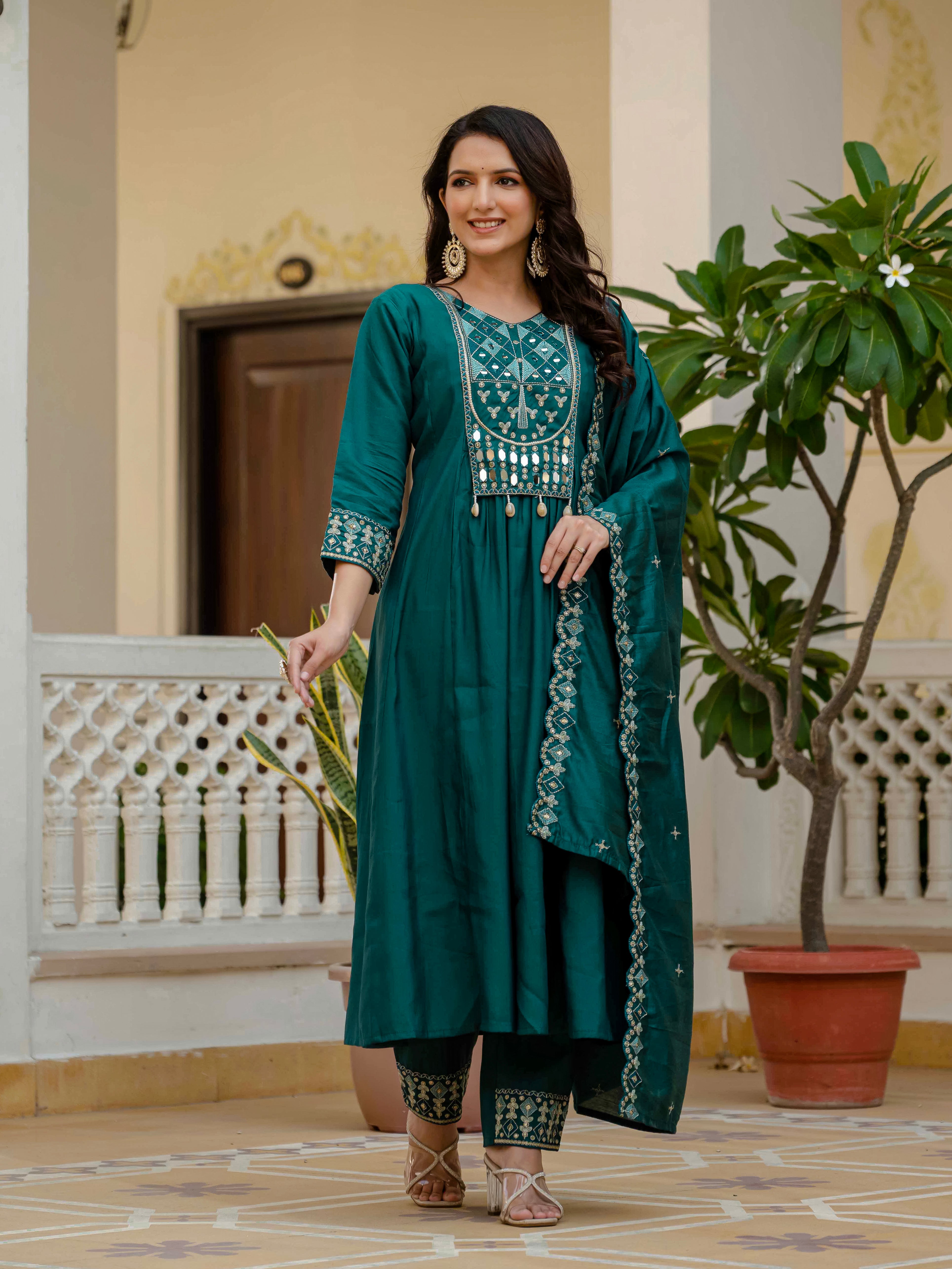 Viscose Roman Silk Embroidered Anarkali Kurti Set – Teal