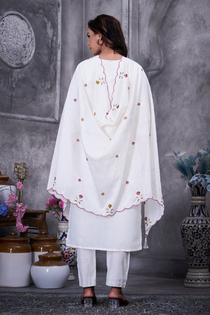Roman Silk Embroidered Straight Kurti Set – White