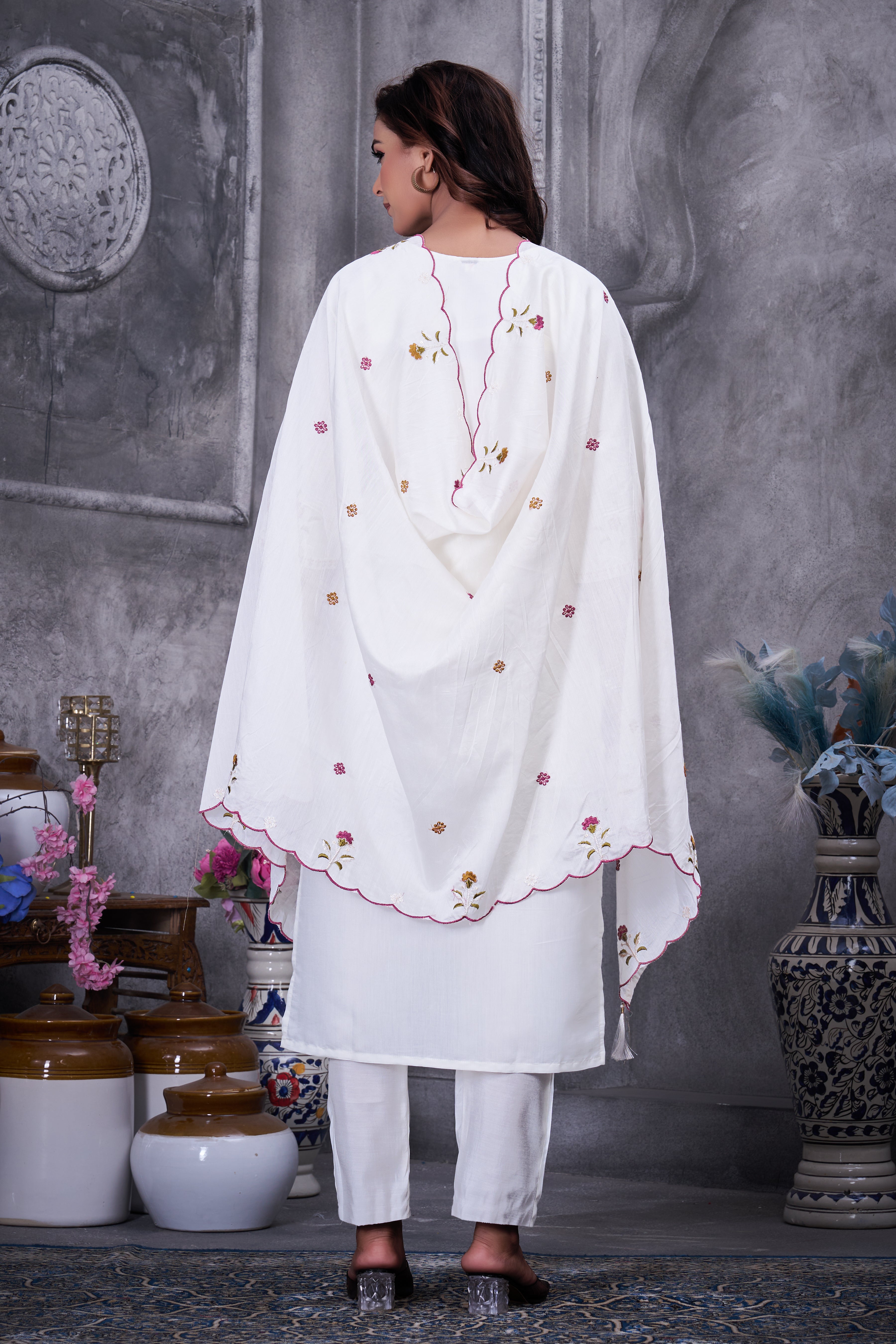 Roman Silk Embroidered Straight Kurti Set – White
