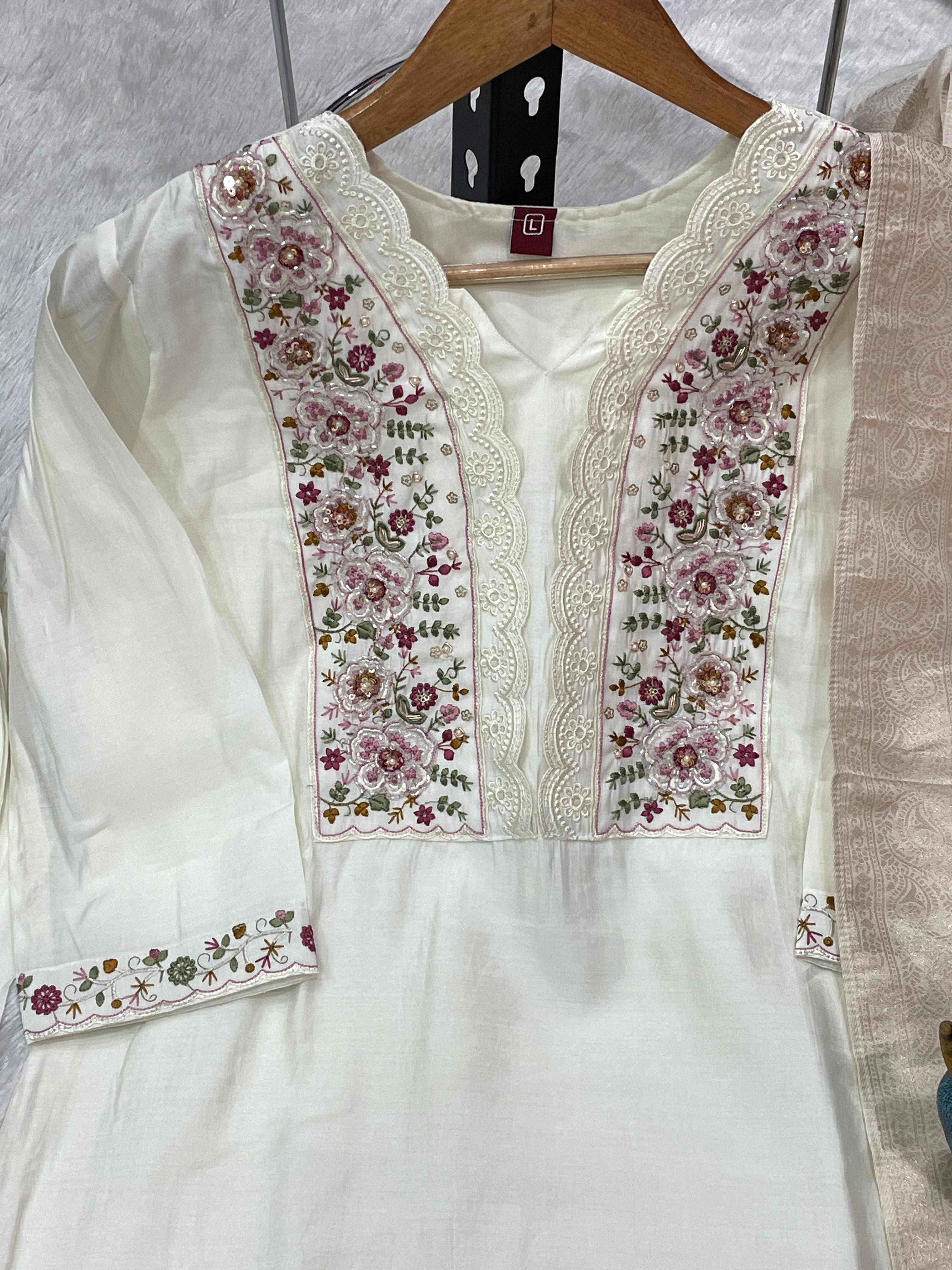 Roman Silk Embroidered Straight Kurti Set – White