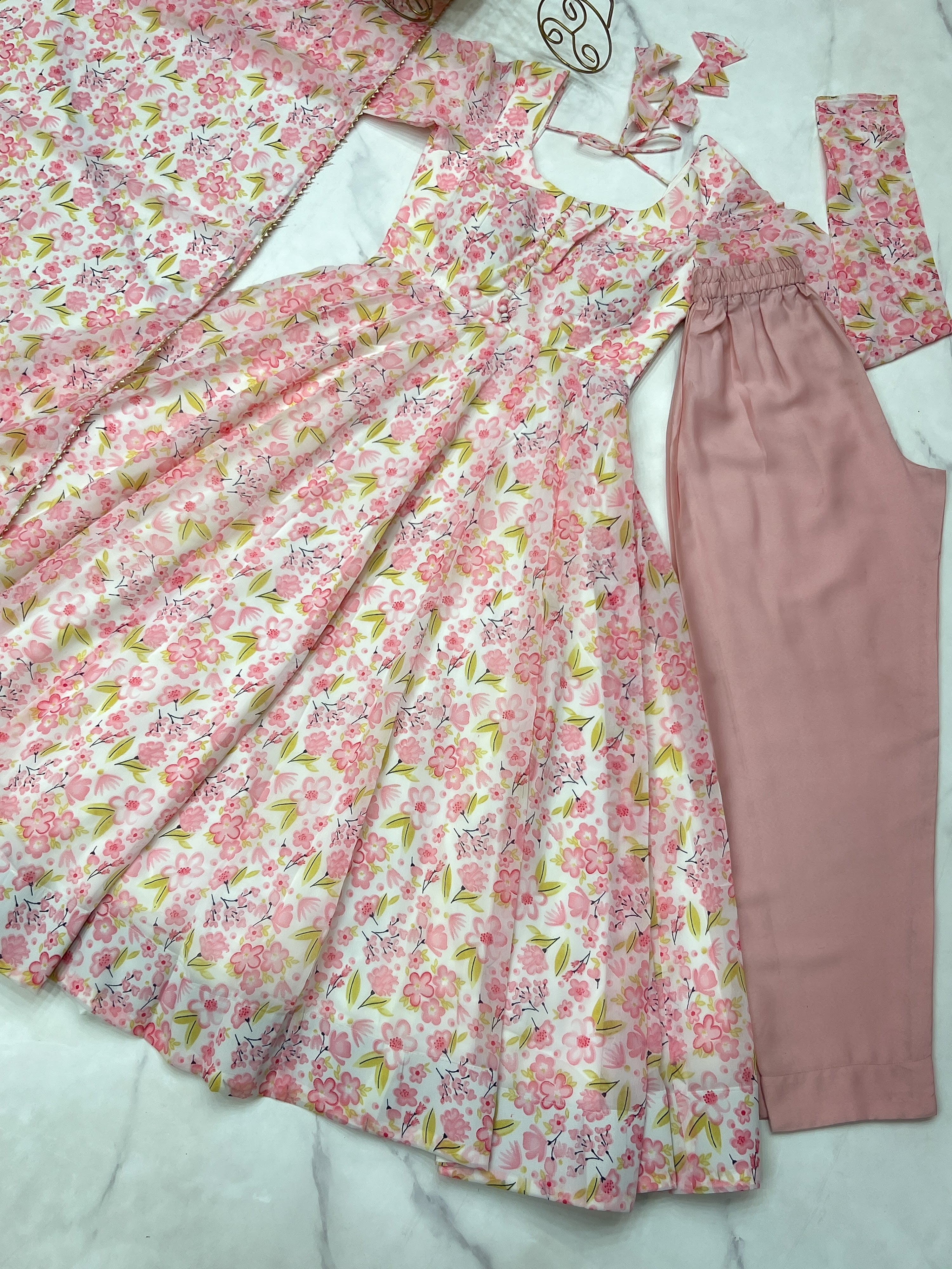 Heavy Orange Chiffon Floral Print Printed Anarkali Set – Pink Floral
