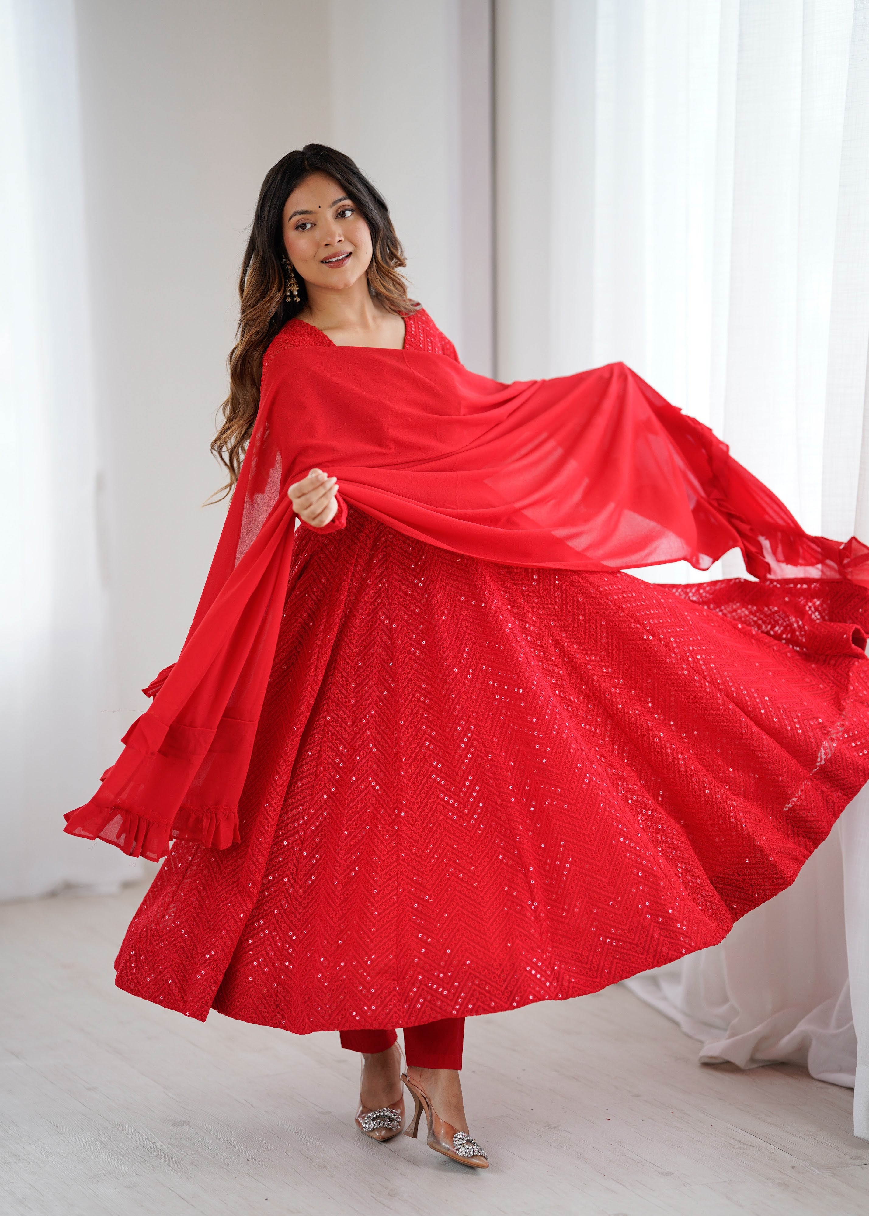 Georgette Embroidered Anarkali Set – Red