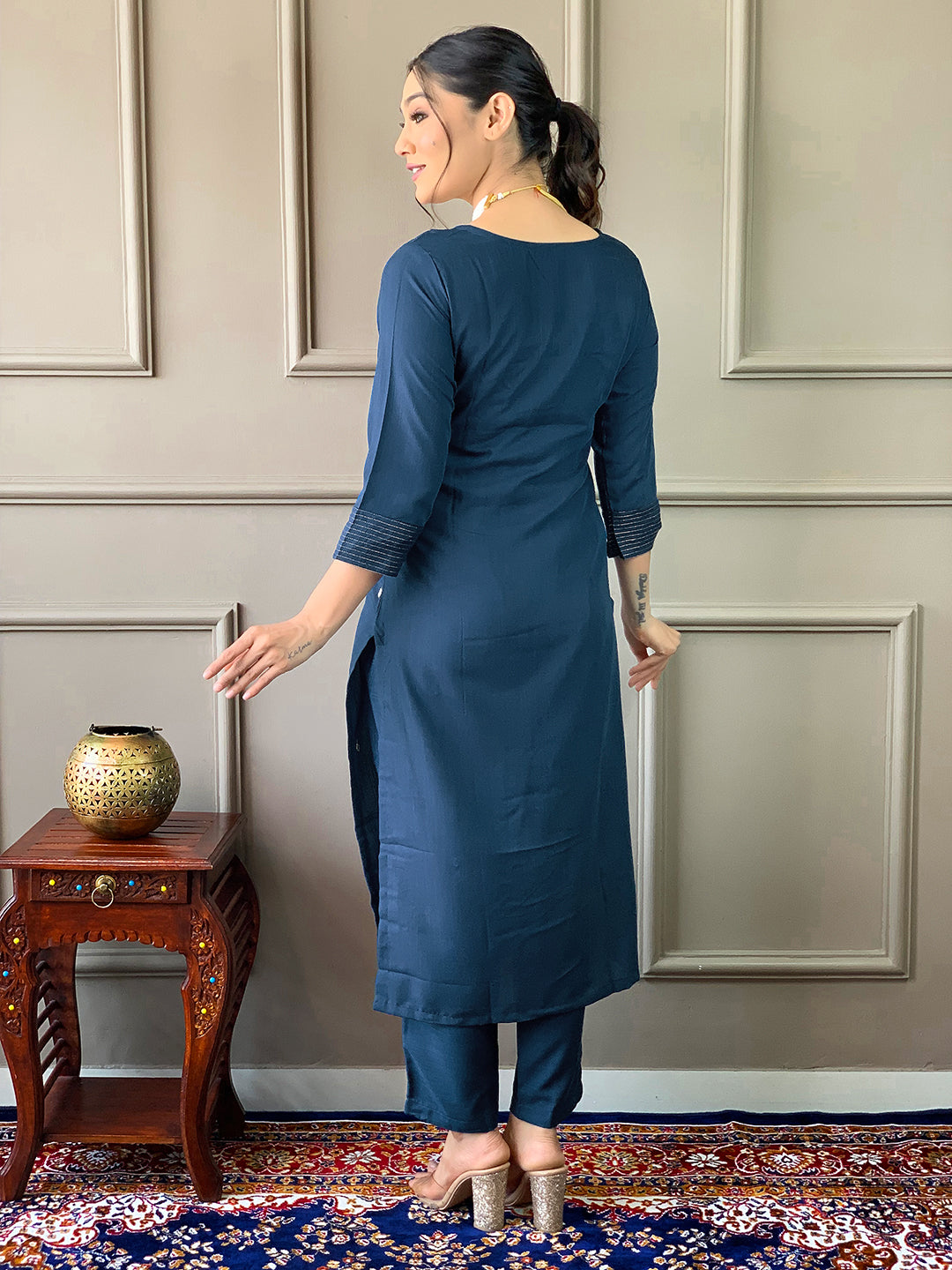 Rayon Slub Embroidered Kurta Pant Dupatta Set – Petrol Blue