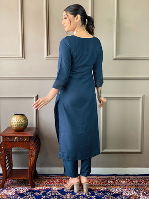Rayon Slub Embroidered Kurta Pant Dupatta Set – Petrol Blue