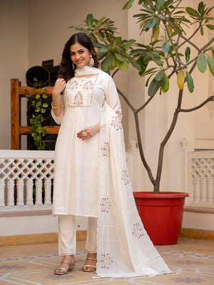 Pure Viscose Mango Silk Embroidered Straight Kurti Set – White