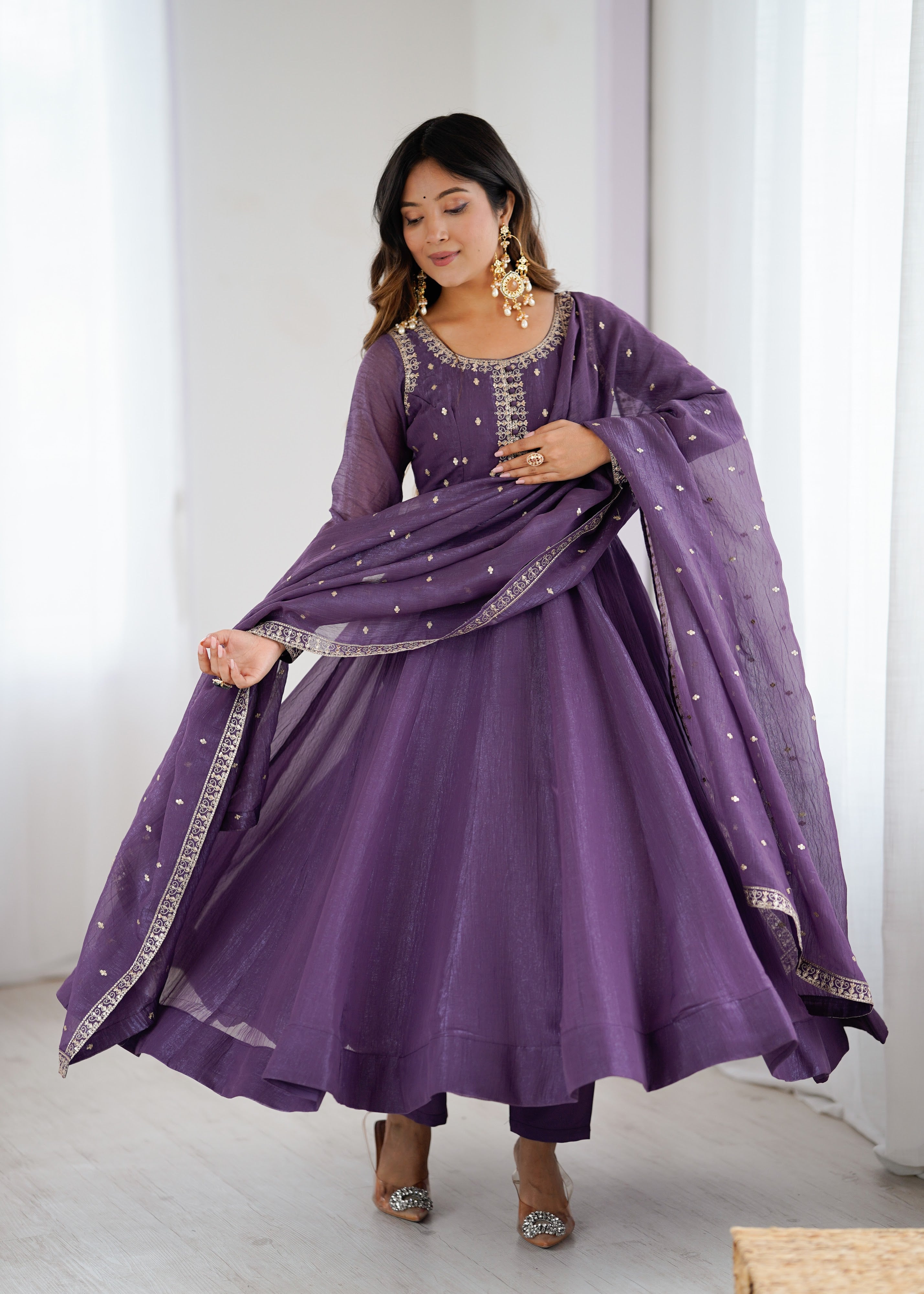 Crunchy Silk Embroidered Gown Set – Purple