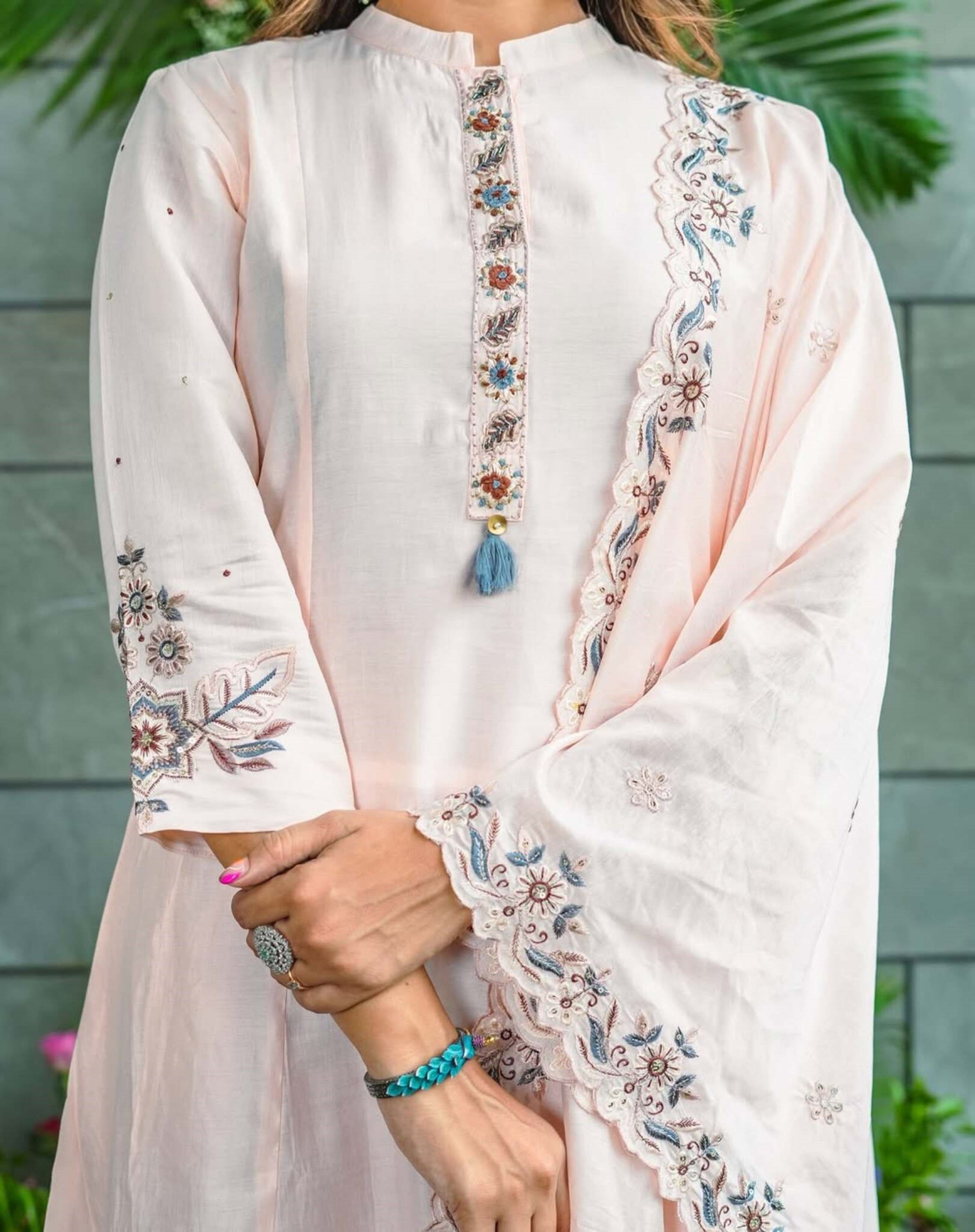 Muslin Cotton Embroidered Kurta Pant Dupatta Set – Ivory