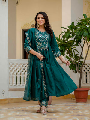 Viscose Roman Silk Embroidered Anarkali Kurti Set – Teal