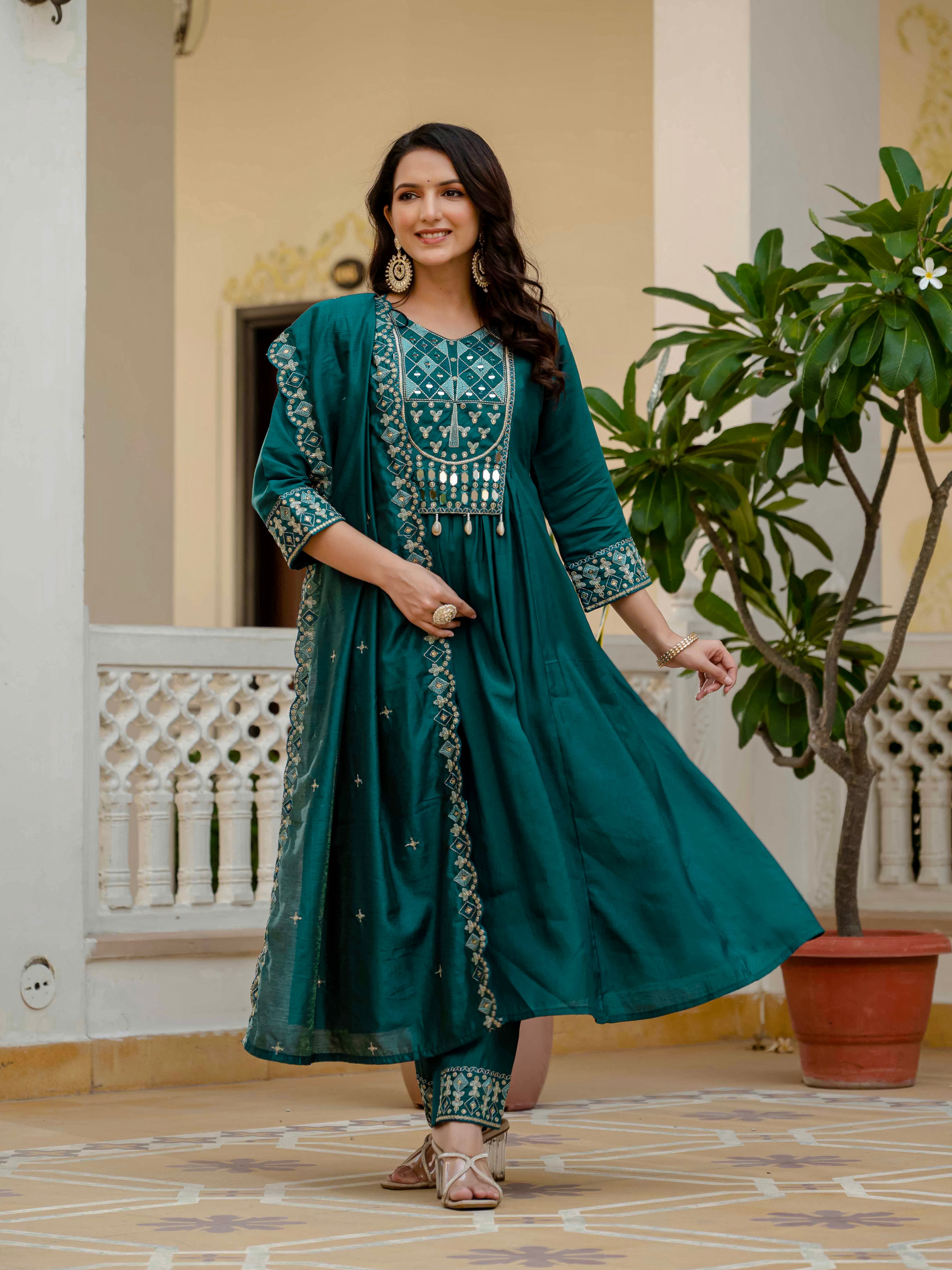 Viscose Roman Silk Embroidered Anarkali Kurti Set – Teal