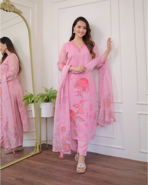 Organza Embroidered Kurta Pant Dupatta Set – Pink