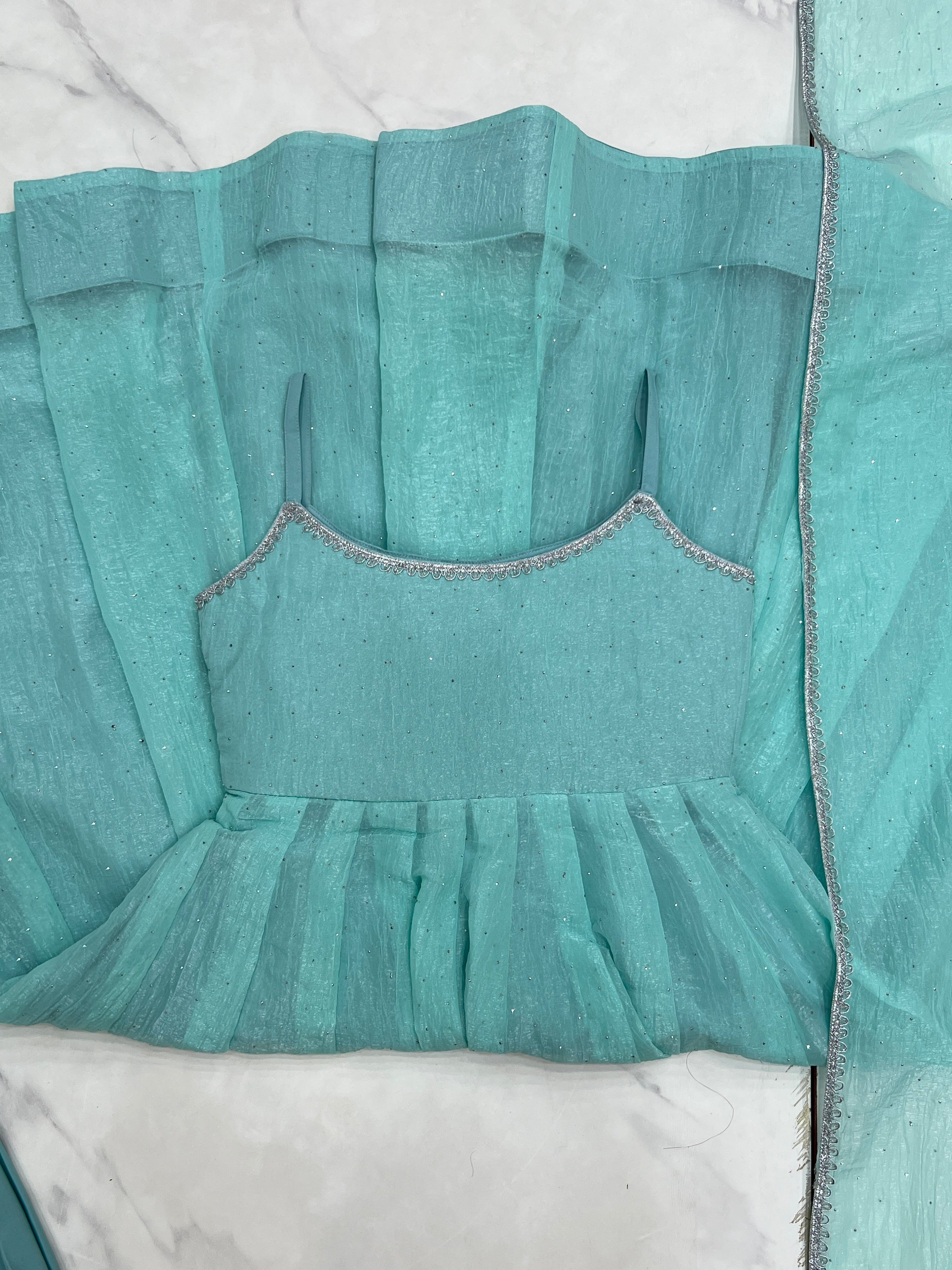 Crunchy Silk Embroidered Anarkali Set – Aqua Blue