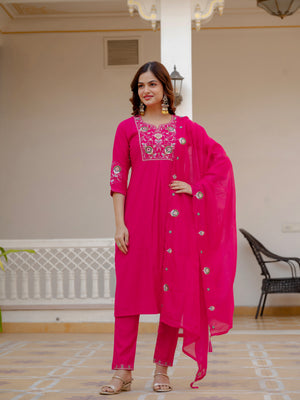 Pure Viscose Mango Silk Embroidered Straight Kurti Set – Pink