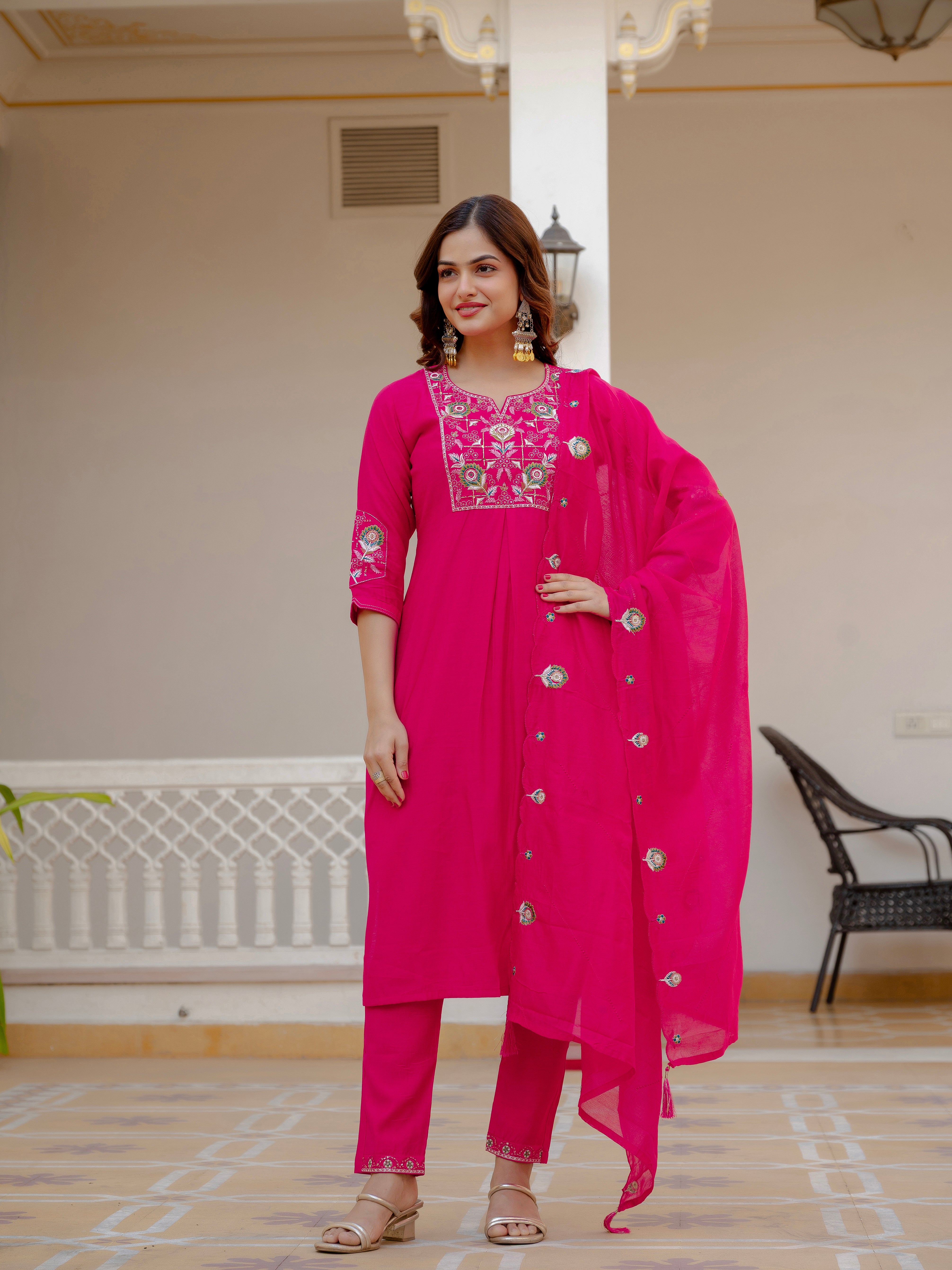 Pure Viscose Mango Silk Embroidered Straight Kurti Set – Pink