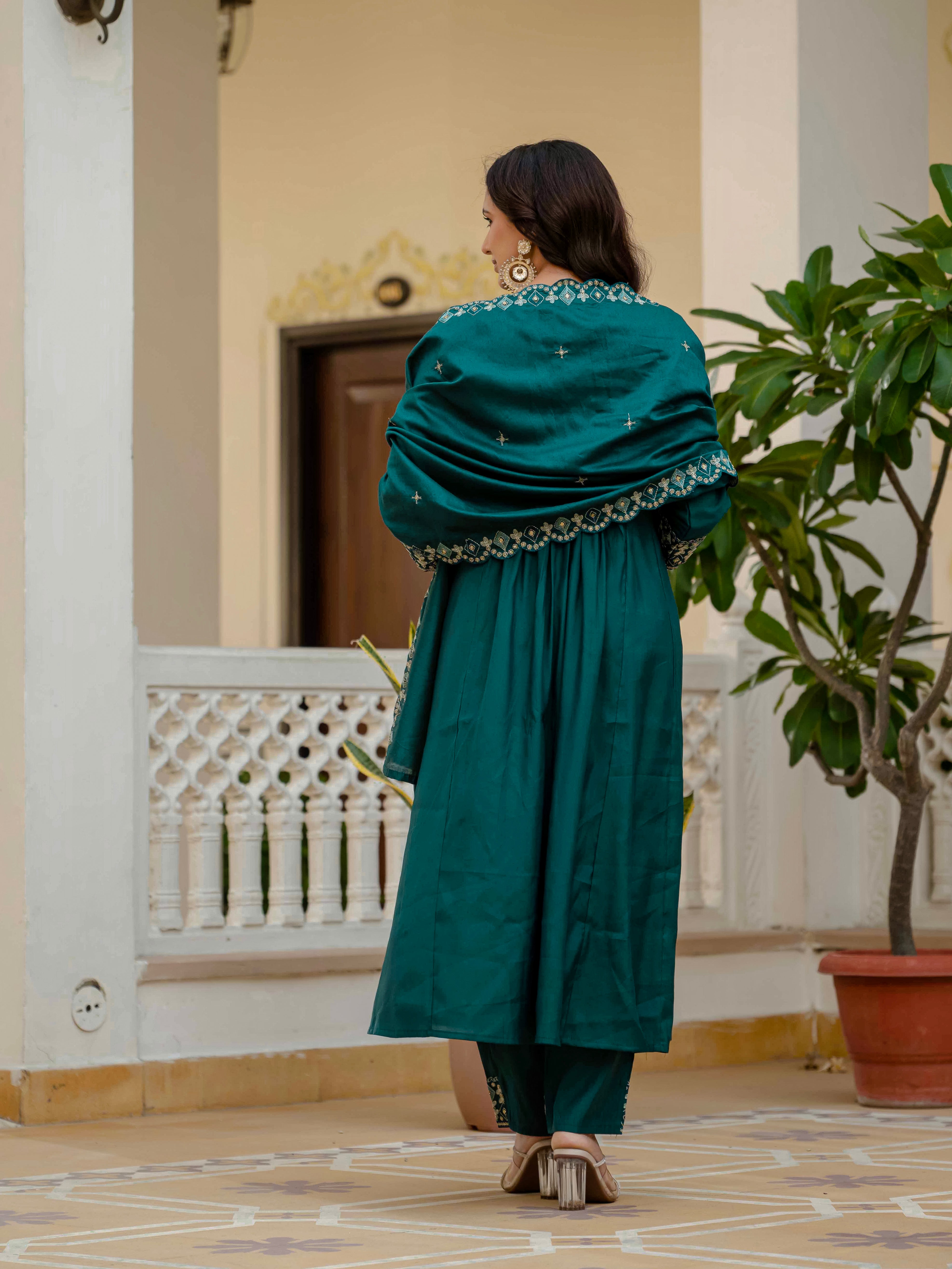 Viscose Roman Silk Embroidered Anarkali Kurti Set – Teal