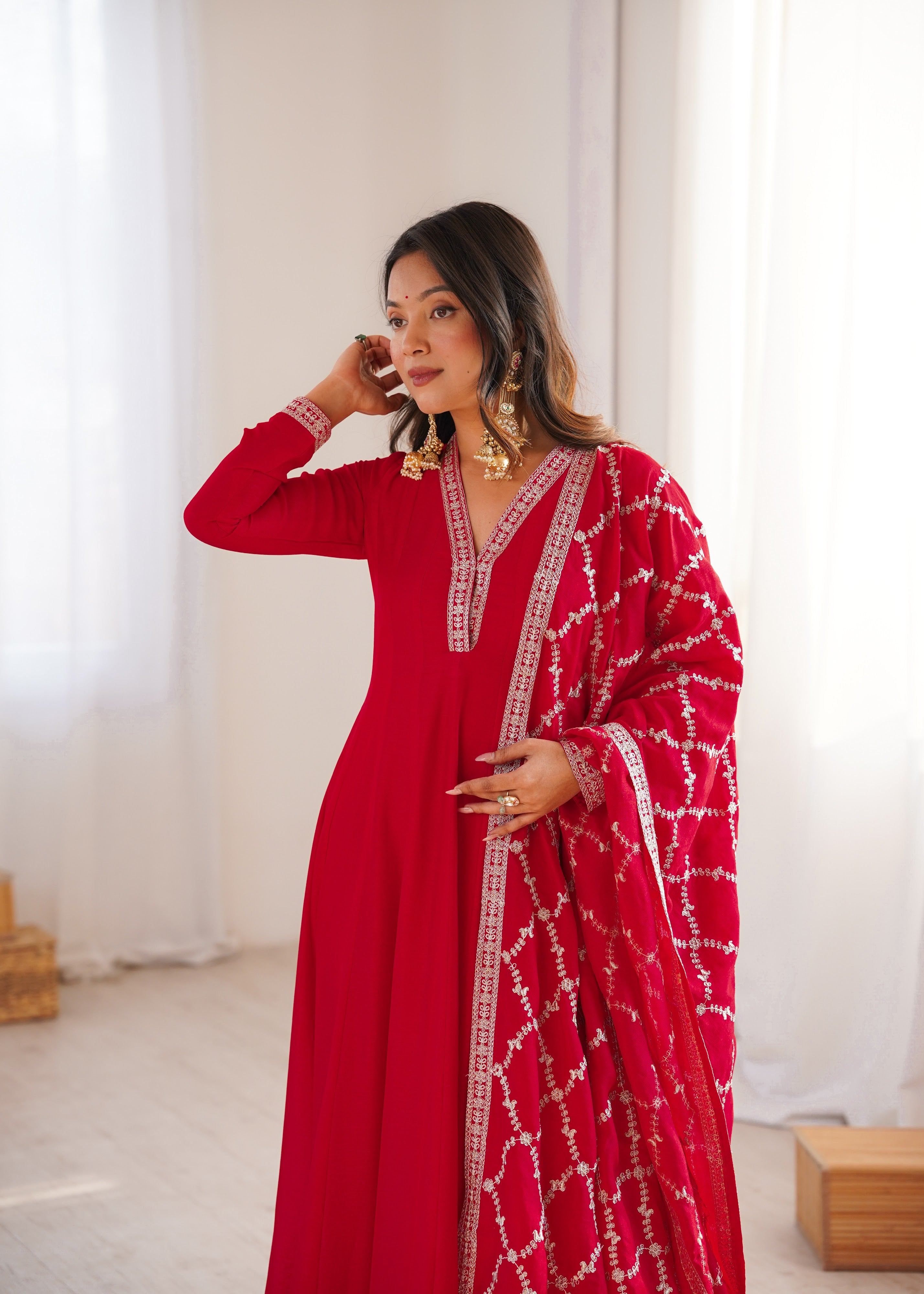 Vichitra Silk Embroidered Gown Set – Red