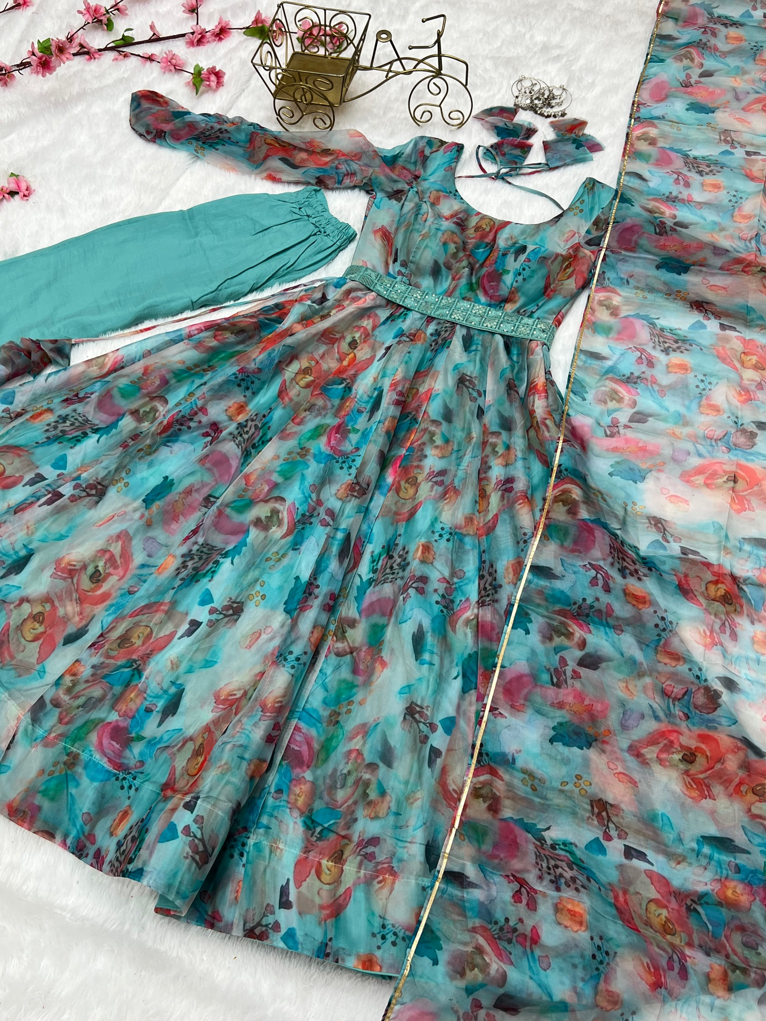 Organza Silk Printed Anarkali Set – Sky Floral