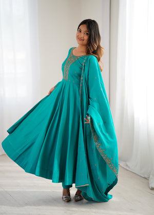 Roman Chanderi Silk Embroidered Anarkali Set – Teal Blue