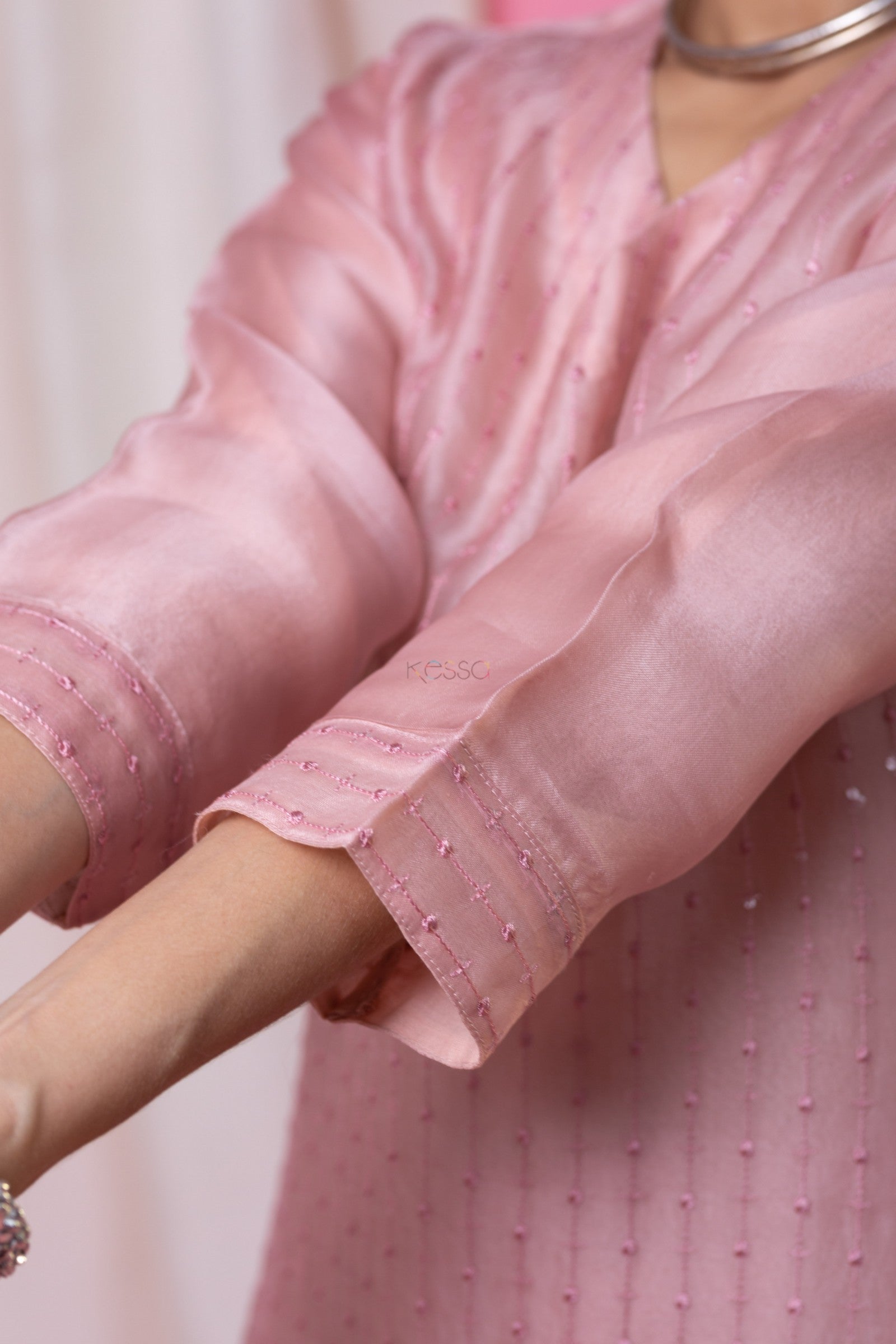 Viscose Chanderi Embroidered Kurta Pant Dupatta Set – Pink
