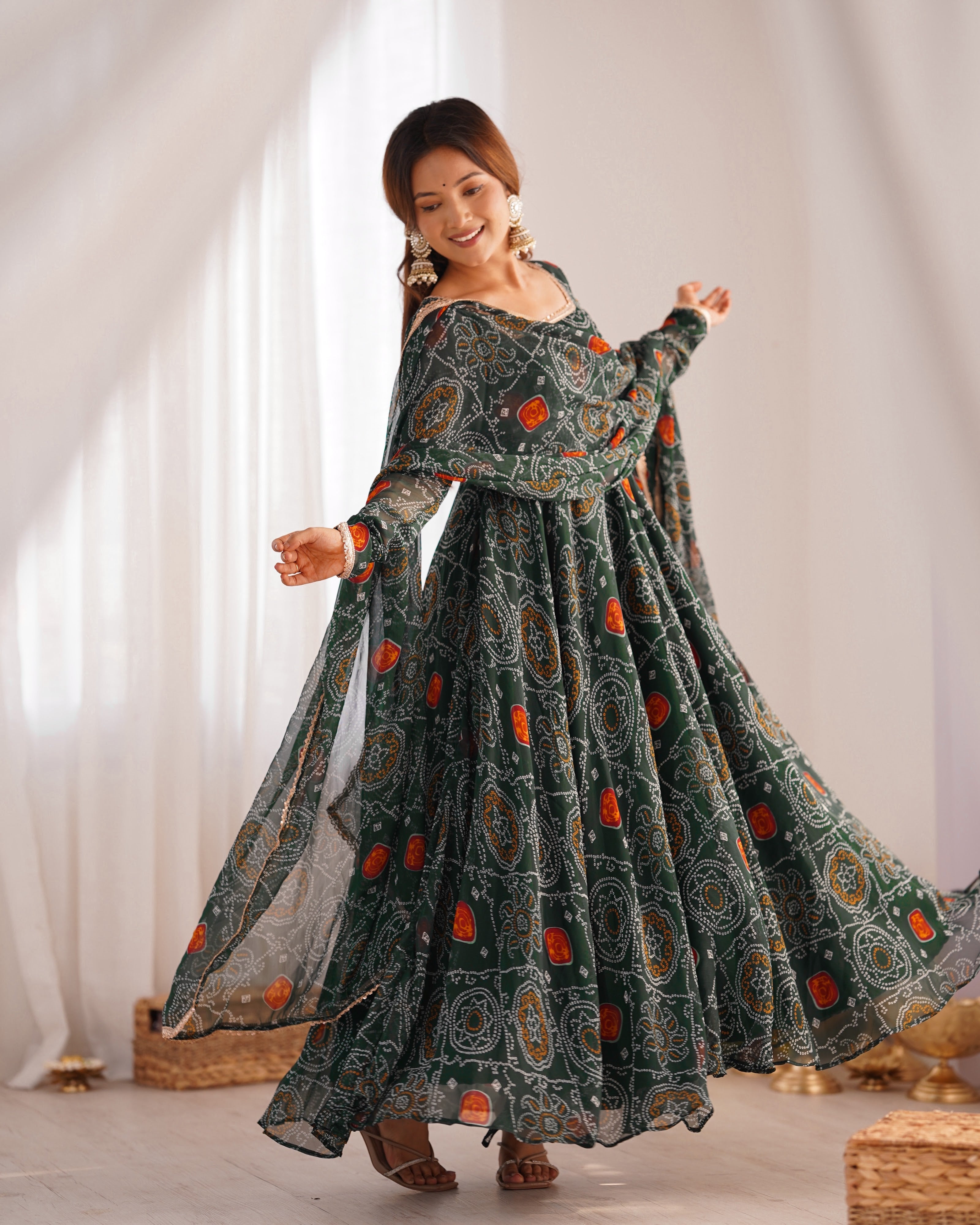 Soft Lightweight Chiffon Bandhej Fabric Inner Micro Cotton Embroidered Anarkali Set – Green