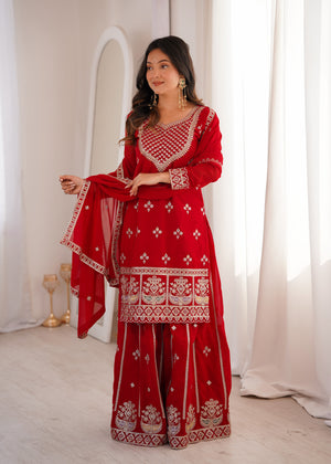 Georgette Embroidered Kurta-Sharara Set – Red