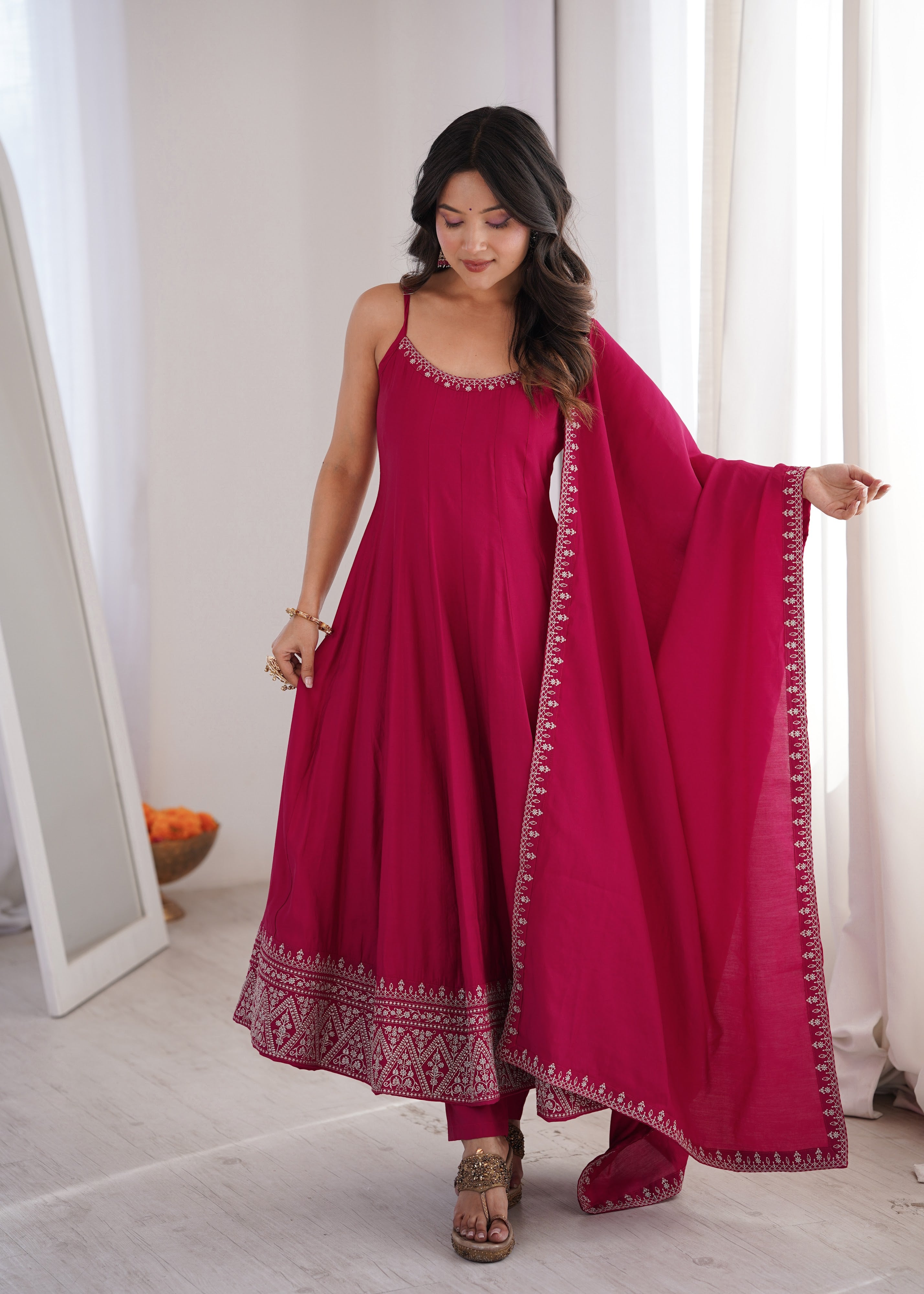 Roman Chanderi Silk Embroidered Anarkali Set – Rani Pink