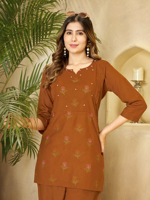 Heavy Rayon Embroidered Co-Ords Set – Coffee
