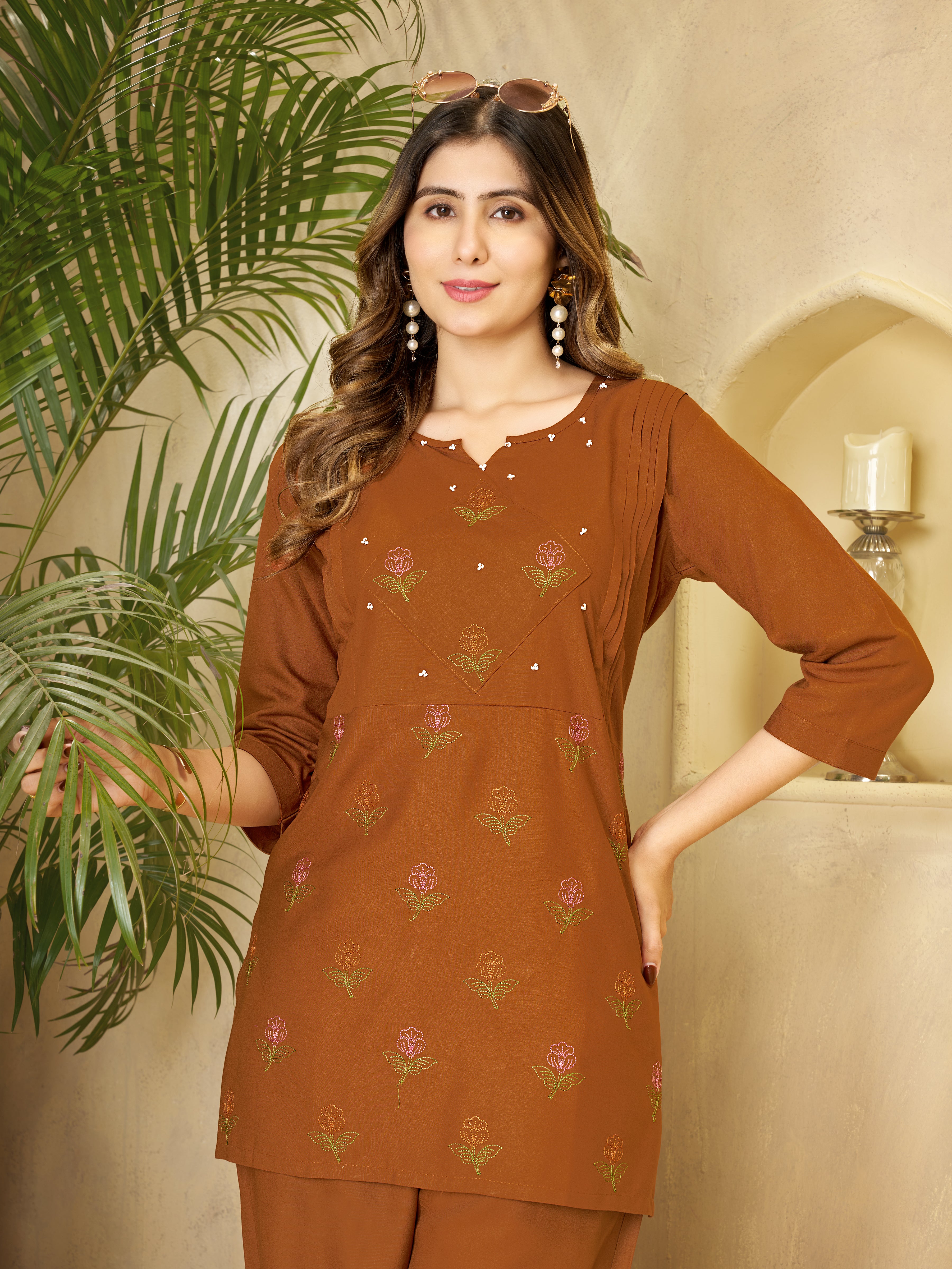 Heavy Rayon Embroidered Co-Ords Set – Coffee