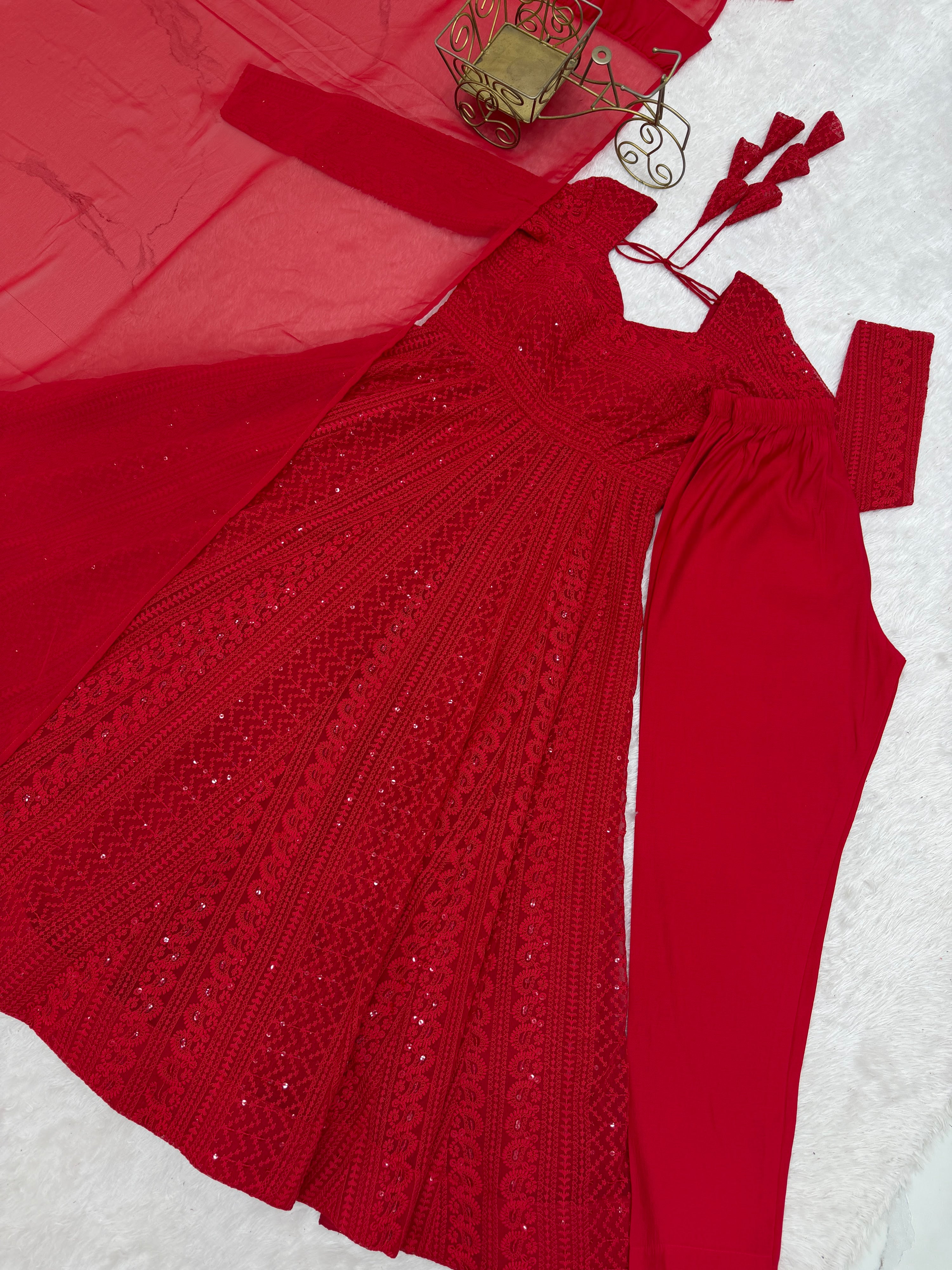 Georgette Embroidered Anarkali Set – Red