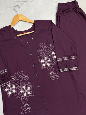 Pure Cotton Embroidered Co-Ords Set – Wine