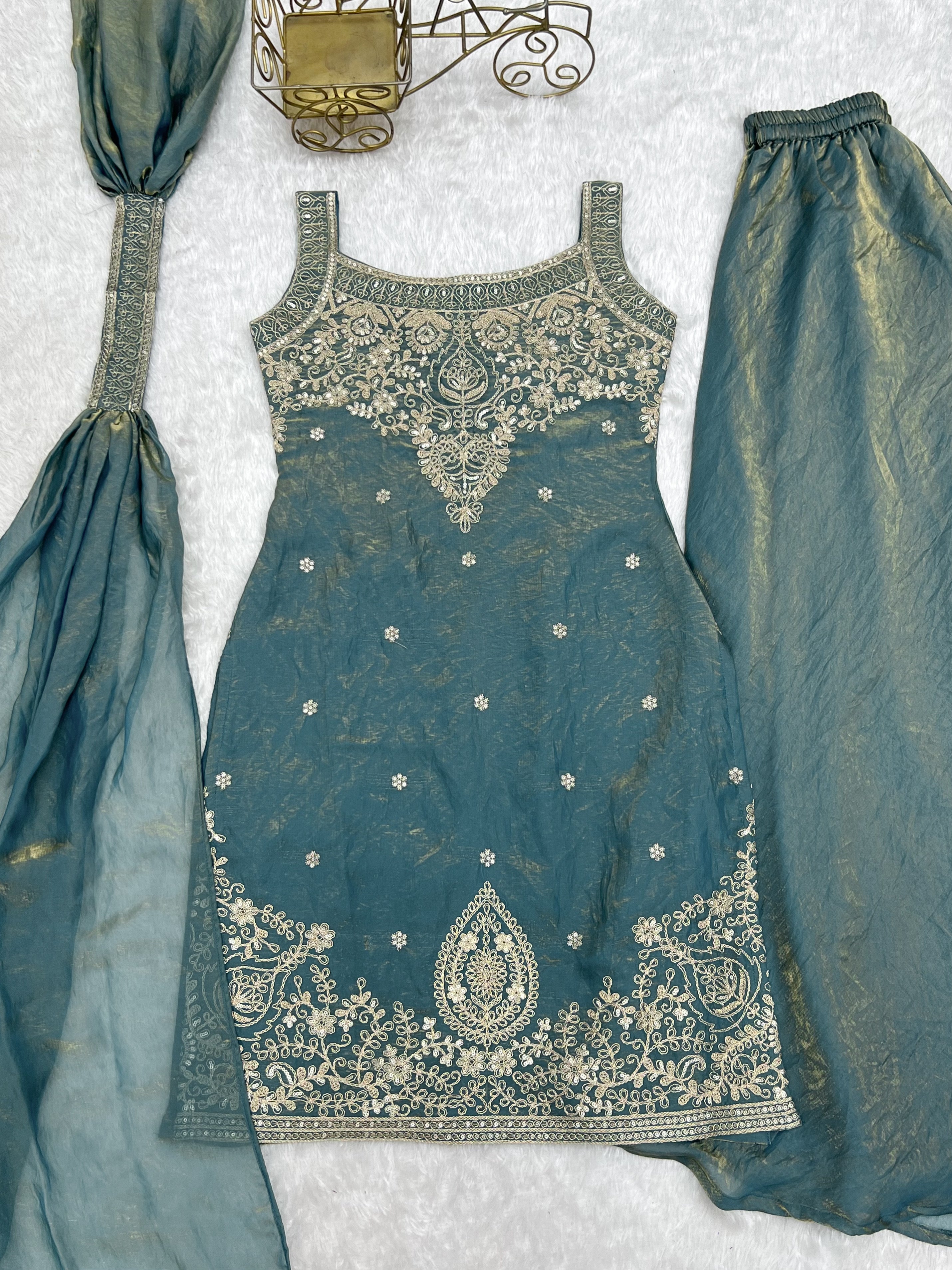 Fendy Silk Embroidered Sharara Set – Slate Blue