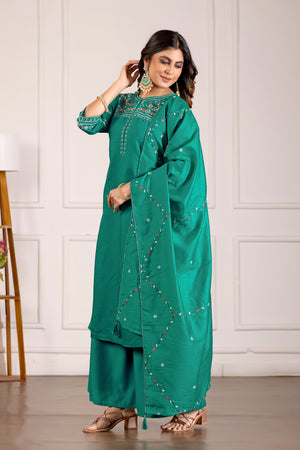 Viscose Mango Silk Embroidered Anarkali Kurti Set – Rama Green
