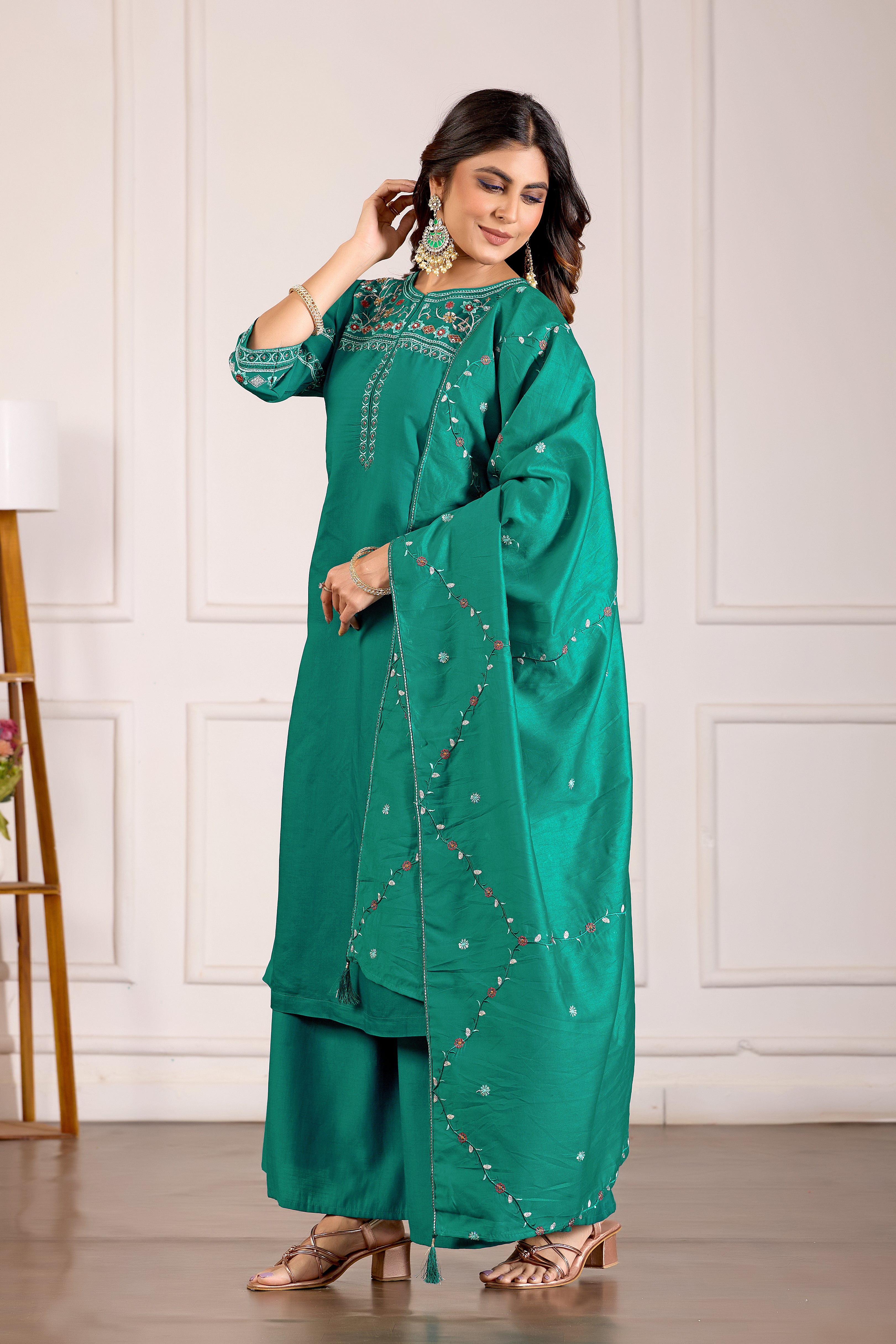 Viscose Mango Silk Embroidered Anarkali Kurti Set – Rama Green