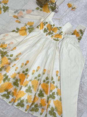 Organza Silk Printed Anarkali Set – Ivory Floral