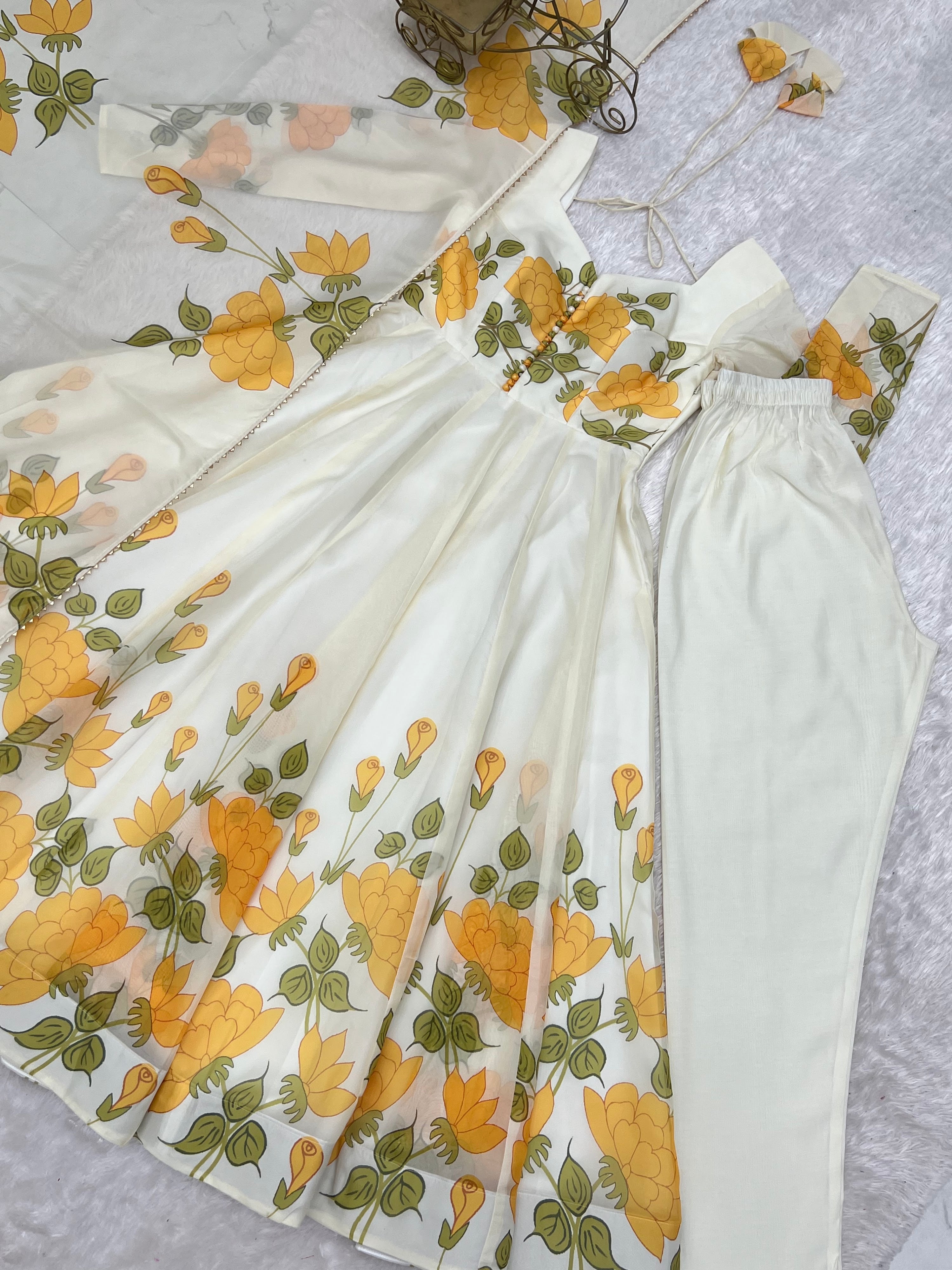 Organza Silk Printed Anarkali Set – Ivory Floral