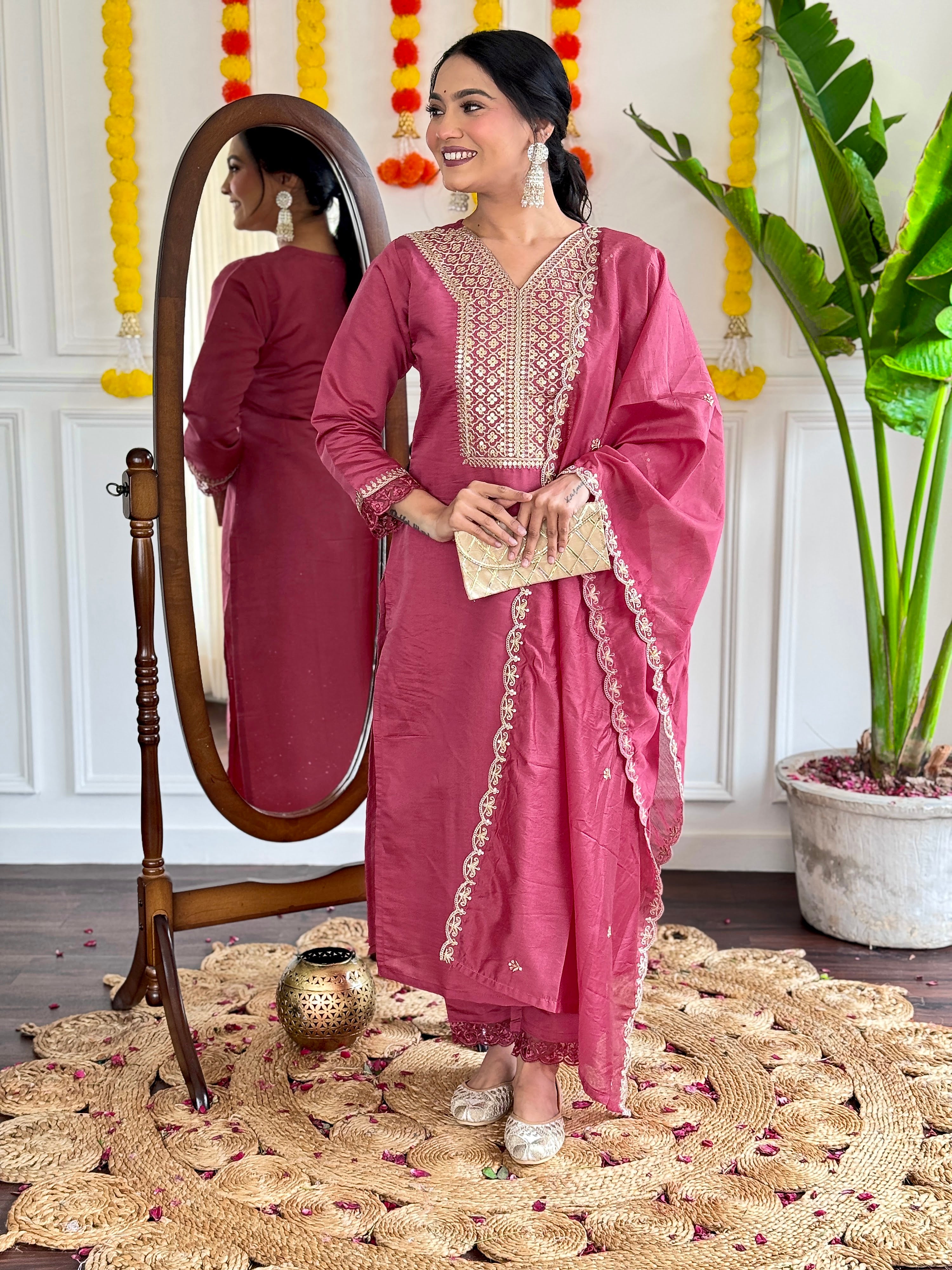 Viscose Chanderi Embroidered Kurta Pant Dupatta Set – Dusty Rose