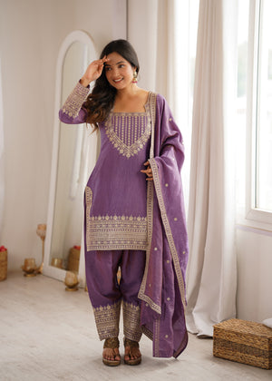Vichitra Silk Embroidered Farshi Salwar Set – Onion Pink