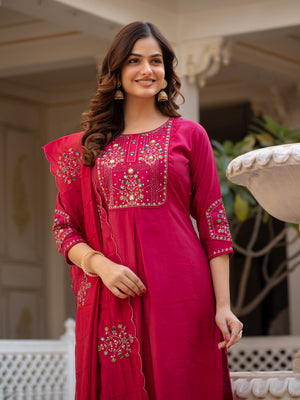 Pure Viscose Mango Silk Embroidered Straight Kurti Set – Pink