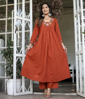 Soft Rayon Slub Embroidered Kurta Pant Dupatta Set – Orange