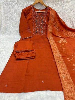 Pure Viscose Mango Silk Embroidered Straight Kurti Set – Rust