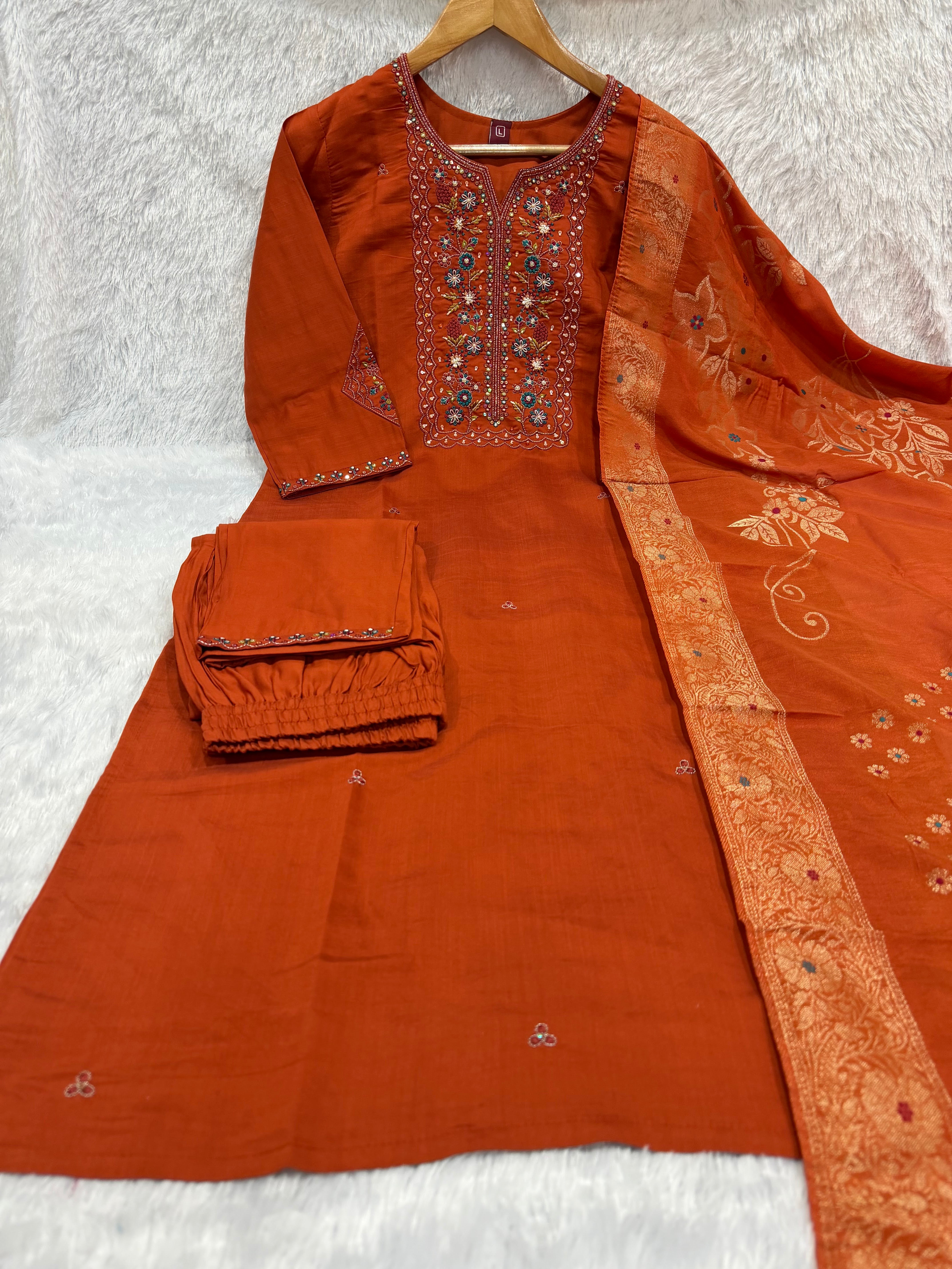 Pure Viscose Mango Silk Embroidered Straight Kurti Set – Rust