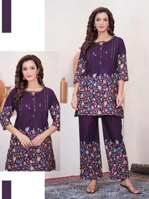 Pure Cotton Printed Co-Ords Set – Wine