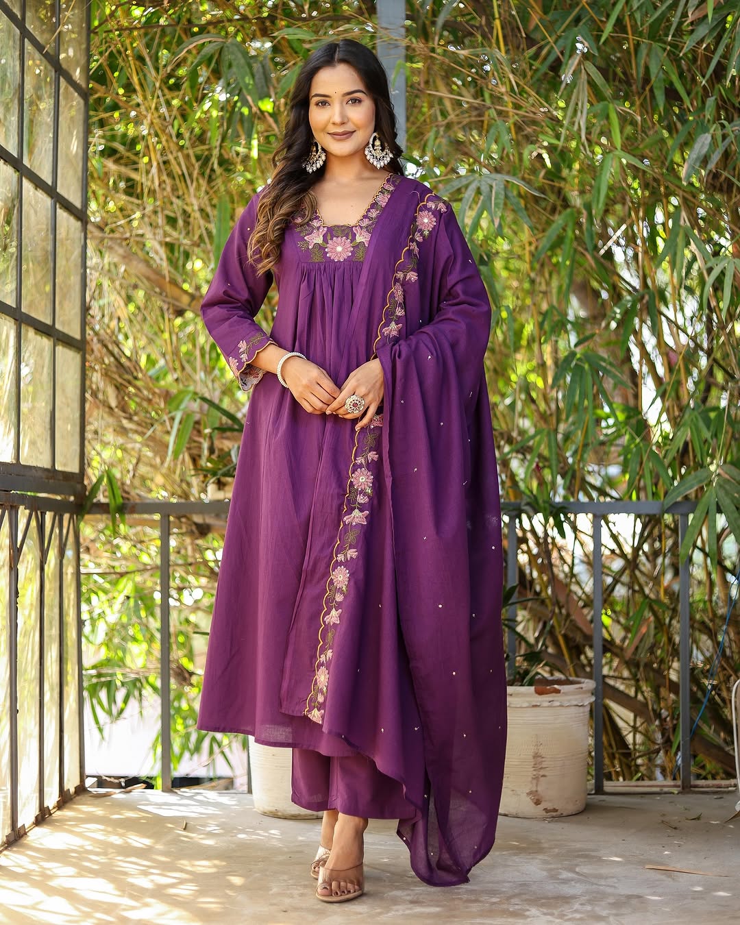 Soft Rayon Slub Embroidered Kurta Pant Dupatta Set – Purple