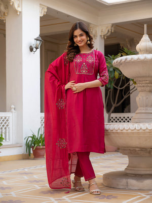 Pure Viscose Mango Silk Embroidered Straight Kurti Set – Pink
